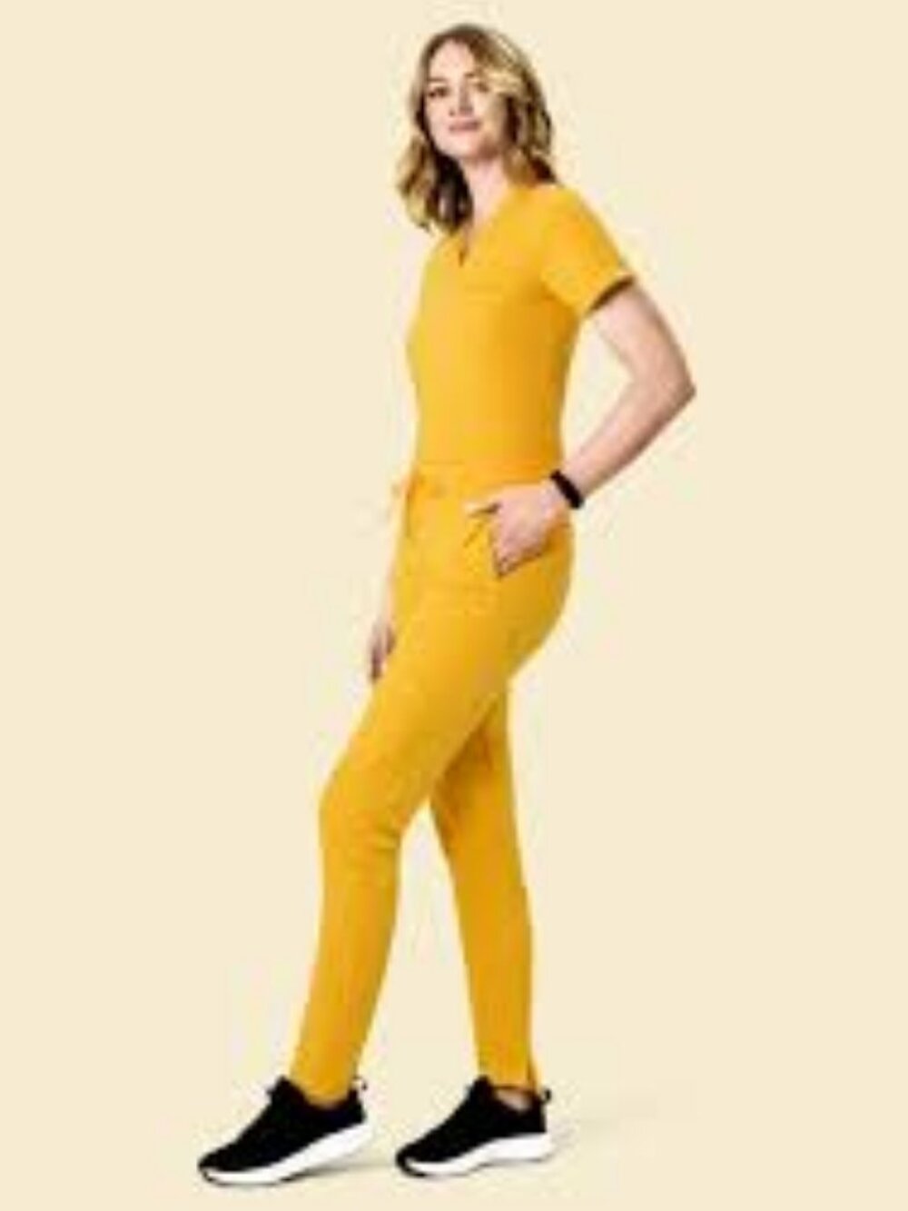 Mandala Scrubs. XXS. Honey. One Pocket Top. Women's Mid Rise 9 Pocket Jogger.